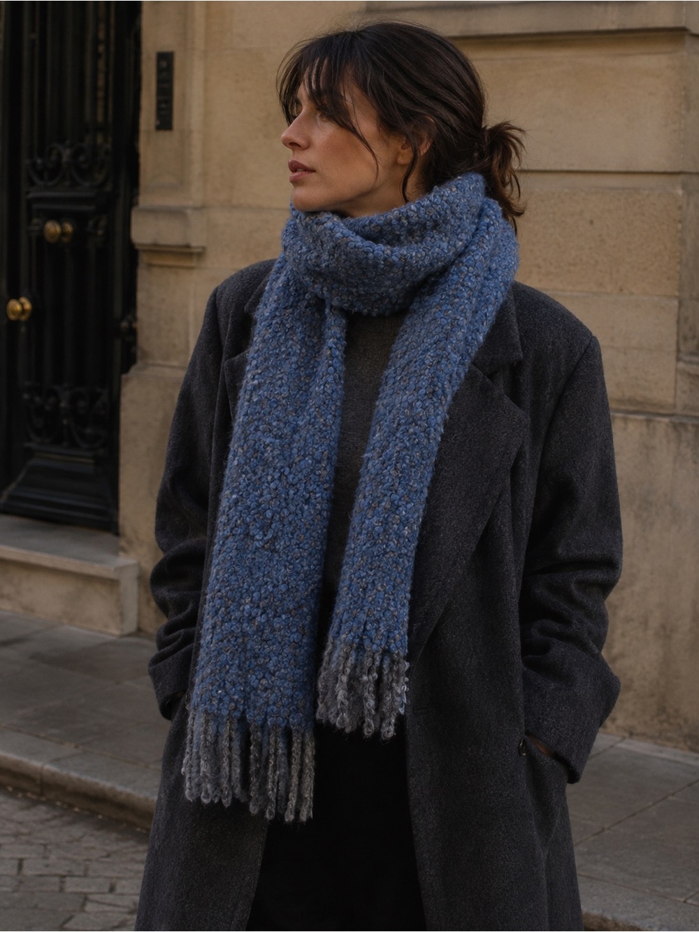 Mucros Weavers Blue Bouclé Scarf Ireland Cozy Mohair Wool Blend Fringe Fall